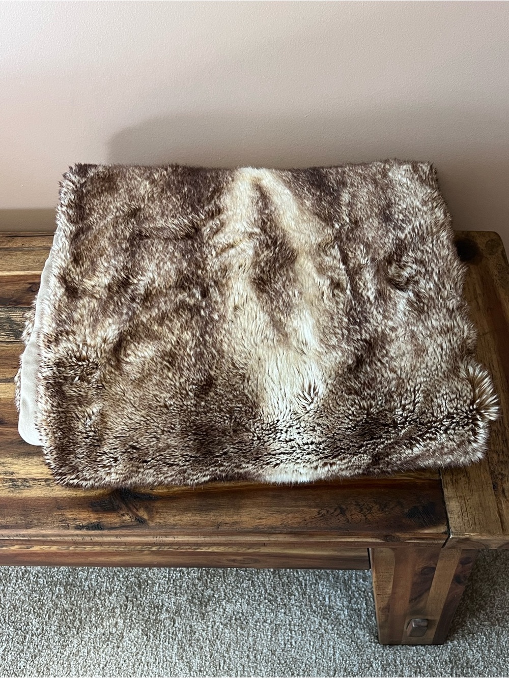 Pottery Barn Plush Faux Fur Throw Blanket in Brown and Cream
